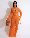 DEKA New Sexy Knit Mesh Cut Out Deep V Neck Long-sleeve Lace-up Fringe Tunic Summer Women Swimsuit Cover-ups Beach Maxi Dress