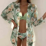 Boho Style Women's 3 Pieces Swimsuit Floral Bikini Set+Long Sleeve Cover-Up Swimwear Sexy Low Waist Tankinis Beachwear Holiday