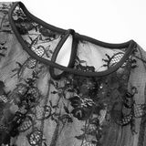Women Solid Color Lace Tops Crew Neck Flower Cover-up Summer Sheer Tops Clubwear for Casual Daily