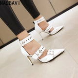 NASBAVI Black Punk Gothic High Heels Sexy Plus Size Pointed Toe Fashion Buckle Rivet Women Pumps Wedding Shoes Stiletto Heels