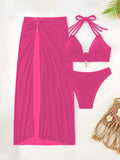 3 Pieces Halter Bikinis 2026 Solid Swimwear Female Sexy Swimsuit Women With Mesh Beach Dress Bathers Bathing Swimming Swim Suit