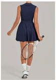 Summer Women Solid Tennis Dresses Sleeveless Turn Down Collar Pleated Skirts with Detachable Pocket Shorts Slim Yoga Golf Dress