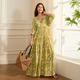 Women Bohemian Holiday Beach Long Dress 3/4 Sleeve V Neck Floral Print Loose Summer Casual Swing Dresses