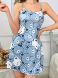 Summer Women Nightgowns Sleepwear Casual Cute Blue Bear Printed Nightdress Nighties Comfortable Sexy Mini Dress Loungewear
