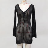 V Neck Long Sleeve Hollow Out Crochet Knitted Tunic Beach Cover Up Cover-ups Beach Dress Beach Wear Beachwear Female Women V6081