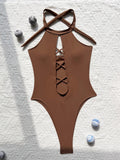 sexy front cross hollow swimsuit one piece solid halter tie bikinis thong swimwear bodysuits women biquini bathing suits 7 color