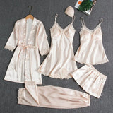 5 Pcs/Set Silky Satin Women Pajamas Set Nightgown Nightdress Top Shorts Pants Set Lace Patchwork Loose Thin Women Sleepwear