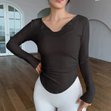 Women's yoga sports long sleeved, autumn and winter high-end slim fit small V-neck sports top fitness long sleeved T-shirt