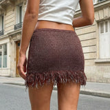 Summer Women's Knit Mini Skirt Solid Color Plush Tassel Trim Pencil Skirts Going Out Bohemian Beach Sexy Skirts