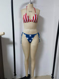 2025 New Women's Summer Beach Bikini Set American Flag Print Halter Strap Sexy Strapless Swimsuit for Beach Vacation Color Block