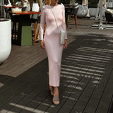 Women Spring Autumn Solid Color Bodycon Knit Dress Long Sleeve Crew Neck Ribbed Dress Slim Fit Long Dress