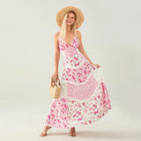 Women's Summer Floral Print Bohemian Long Dress Stylish Lace Patchwork Ruffled Trim Spaghetti Strap V Neck A-Line Dress