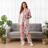 Women's Satin Christmas Pajama Sets Fashionable Printed Button Down Ruffle Tops with Pants 2 Pieces Soft Sleepwear
