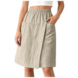Women's Textured Wrap Skirt Shorts Solid Color Elastic Waist Midi Skort With Pocket Casual Loose Fit Layered A Line Summer Short