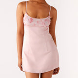 Women Stylish Sequin Flower Embroidered Square Neck Spaghetti Strap Dress Solid Color Party Club Mini Cami Dresses