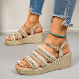 Women's Wedge Heel Platform Sandals Rope and Rivets Decor Chunky Sandals Women Fashion Plus Size 43 Ankle Buckle Rome Sandles