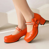 Pearl Beaded High Heels Shoes Ladies Wedding Mary Janes Block Heeled Pumps Woman Hook&Loop Tacones Wedges Escarpins Femme
