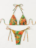 Tropical Print Bikini Set Women's 2026 New 2 Piece Swimsuit Sexy Triangle Halter Backless Thong Swimwear Beach Vacation Wear