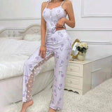 2 Pcs/Set Women Vest Pants Suit Homewear Sleepwear Outfit Bow Heart Print Sleeveless Shirring Edge Top Mesh Patchwork Trousers
