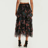 Early Fall Floral Print Ruffle Mesh Skirt Women Irregular Flowy A-line Midi Skirt for Travel, Beach, Shopping