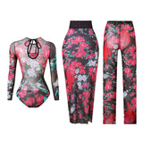 S - XXL 3PCS New Printed Long Sleeve With Pants Sarong Women Swimwear One Piece Swimsuit Female Bather Bathing Suit Swim K7180