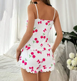 Women Summer Pajama Set Soft Casual Cherry Print Strap Cami Top and Ruffle Shorts Set Homewear Loungewear Clothes