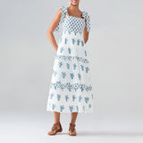 Flower Print Tie Strap Swing Dress Women A-Line Square Neck Tiered Ruffled Summer Bohemian Beach Long Tank Dress