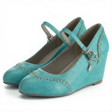 2026 Small Big Size 32-48 Vintage Green 7cm High Heels Wedges Pumps White Red Comfy Walk Summer Mary Janes Brogue Shoes Women