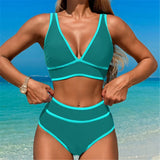 S - XL Sexy V Neck Printed High Waist Bikini Female Swimsuit Women Swimwear Two-pieces Bikini Set Bather Bathing Suit Swim V6997