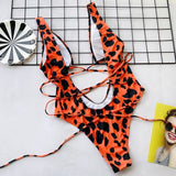 Leopard Deep V Neck Wrap Around High Cut Women Swimwear One Piece Swimsuit Female Monikini Tummy Cut Out Bathing Suit Swim Lady