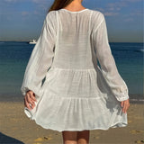 2025 Long Sleeve Hollow Out Crochet Knitted Tunic Beach Cover Up Cover-ups Beach Dress Beach Wear Beachwear Female Women K6674