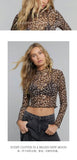 European American Women Mesh Leopard Print Tops Stand Collar Long Sleeve Short T Shirt Elegant Versatile Inner Blouse Daily Casu