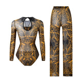 S - XXL New Printed Long Sleeve With Pants Women Swimwear One Piece Swimsuit Female Floral Padded Bather Bathing Suit Swim V7176