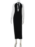 Ahagaga Fashion Halter Women's Maxi Dresses Solid Deep V-Neck Sleeveless Blackless Bandage Sheath Bodycon Party Vestidos Robes