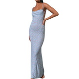 Women's Summer Sexy Bodycon Dress Spaghetti Strap Sleeveless Backless Slim Fit Floral Printed Long Dresses