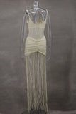 Tassel Hem Splicing Sling Dress Women Sexy Waist Hollow Out Stretch Pleated Bodycon Dresses Female Solid Summer Beach Party Robe