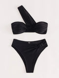 Sexy One Shoulder Bikinis Sets 2024 Women Black Push Up Pleate High Waist Swimsuit Beach Bathing Suit 2 Piece Swimwear Biquini