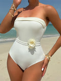 Sexy With 3D Flower Belt Bandeau Women Swimwear One Piece Swimsuit Female High Leg Cut Monokini Bather Bathing Suit Swim K5603