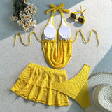 Sexy Yellow Push Up Tassel Crop Top High Waist Swimsuit Swimwear Women Beach Holiday Bathing Suit Skirt 3 Piece Bikini Set 2026