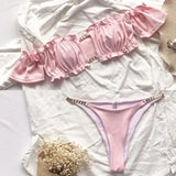 Ruffled Frilled Off Shoulder Bikini Women Swimsuit Female Swimwear Two Pieces Bikini Set Bandeau Bather Bathing Suit Swim Lady