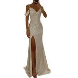 Women Evening Dress Off Shoulder V Neck Side Slit Floor Length Sequin Ball Gown Sleeveless Prom Wedding Party Banquet Maxi Dress