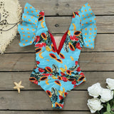 Sexy Ruffle Shoulder Swimsuit V-Neck Swimwear Women Backless Push Up Bathing Suit  Beach Wear 2024 Female Swimming Suit