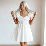 Women Summer Solid Color A-Line Dress Casual Sweetheart V-Neck Flutter Sleeves Mini Dresses for Beach Party Club