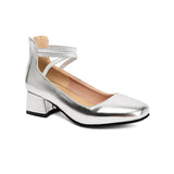 Metallic Silver Gold Women Mary Jane Pumps Square Toe Block Heel Crisscross Ankle Strap Back Zipper Elegant Party Dress Heels