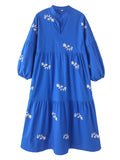 Foridol Lantern Sleeve Spring Summer Women Dress Embroidery Loose Midi Casual Vestidos 2025 Wrist Sleeve Royal Blue Sundress