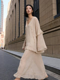 Women's Sheer Chiffon Long Dress Stylish Ruffle Trim V Neck Long Sleeve Loose Fit Dress See Through Cover-ups Streetwear