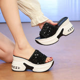 Wedge Heel Silver Sequin Sandals Women 2026 Fashion 9Cm Chunky Heeled Slippers Woman Plus Size 42 Thick Sole Platform Sandles