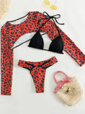 Leopard Printed Long Sleeve Beach Cover-up Bikini Women Swimwear Female Swimsuit Three-pieces Bikini Set Micro Bathing Suit Swim