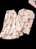 Cherry Print Silk Pajamas Set for Women Summer Short Sleeve Shirt and Shorts Two Pieces Sleepwear Homewear Nightwear