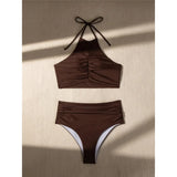 Halter Wrinkled High Neck Female Swimsuit High Waist Bikini Women Swimwear Two-pieces Bikini Set Bather Bathing Suit Swim V5616